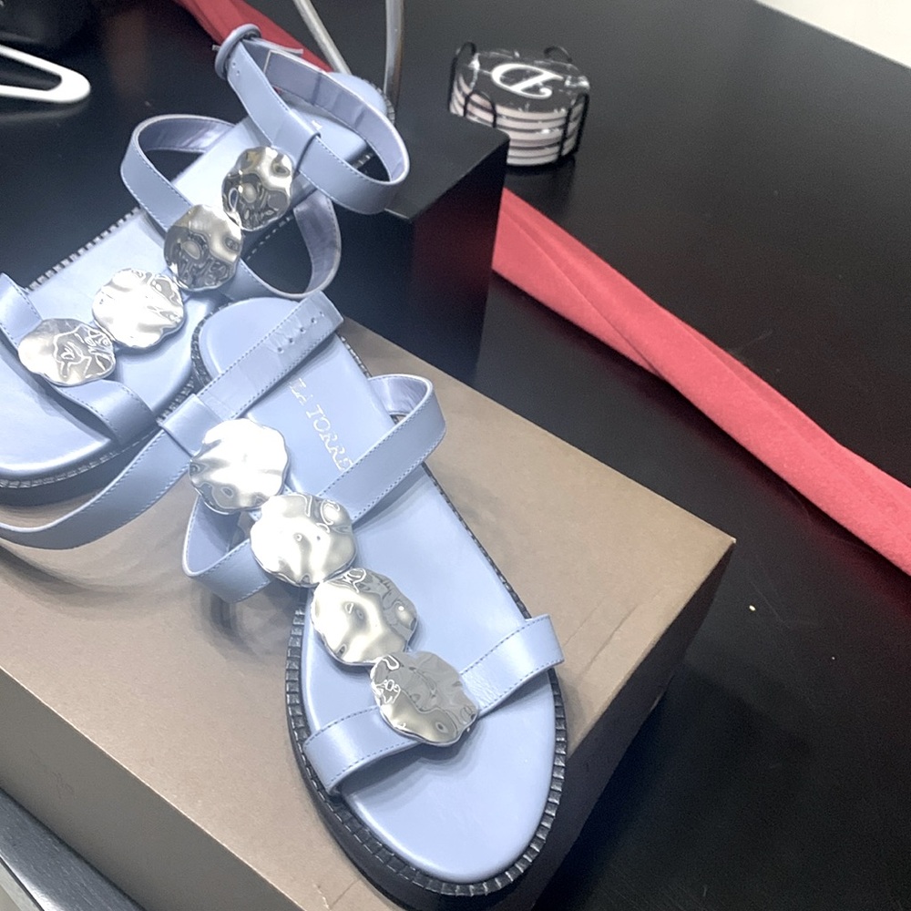 Sky, blue sandals with silver Hardwear